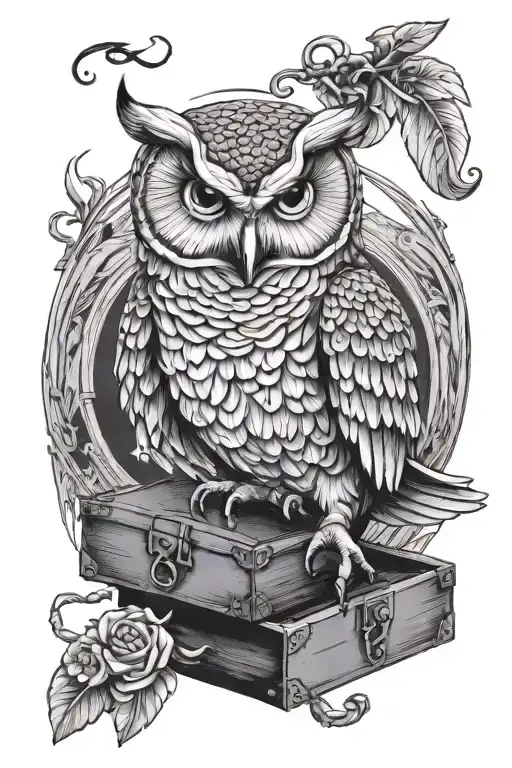 Owl on a chest holding a key on beak open tattoo design idea