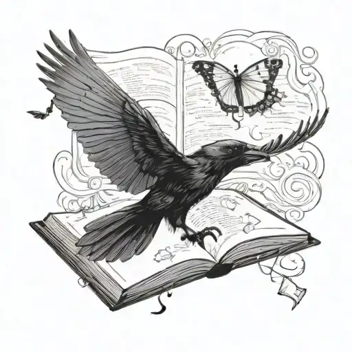 A crow chasing a butterfly flying out of a book tattoo design idea