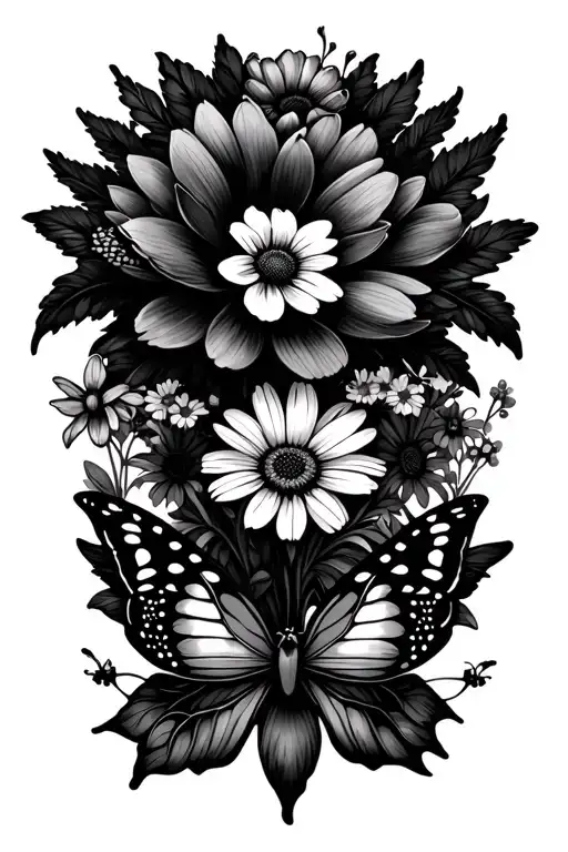 Marigold, butterfly, daisy, honeysuckle, lilac, pansy, lotus and forget me knots tattoo design idea