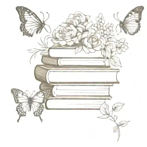 2 books stacked, on the top flowers and butterflys, foldium@gmail.com written on the side of the books tattoo design idea