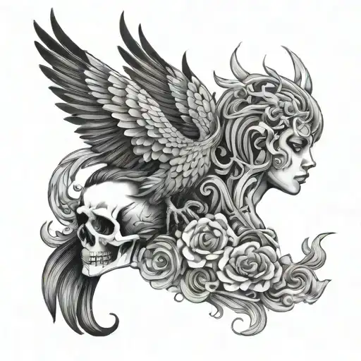 phoenix with half woman half skull face tattoo design idea