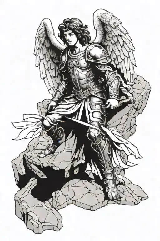 angel disapointed after failing holdin himself on a stone wearing a armor  tattoo design idea