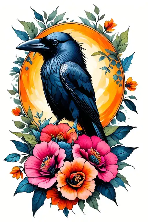 raven and flowers tattoo design idea