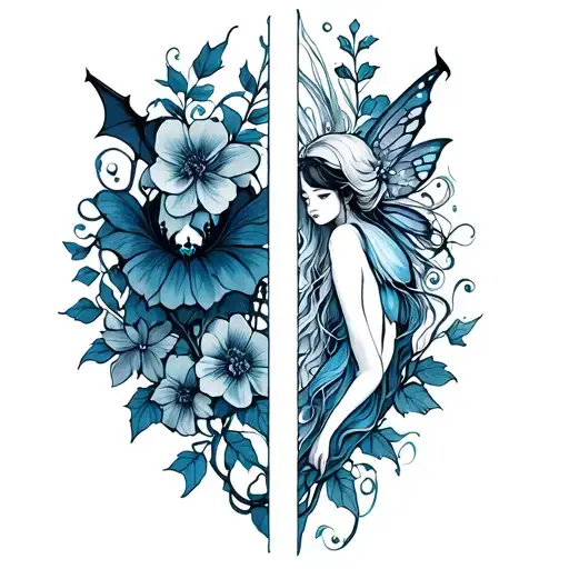 Two separate horizontal collarbone, blue ink, flower vines with a little bat on one and a fairy on the other&nbsp; tattoo design idea