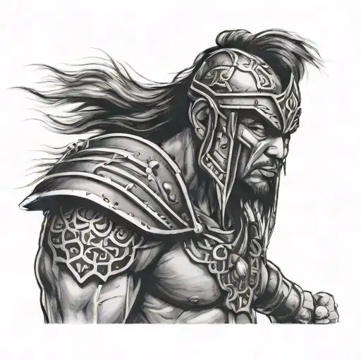 Front potrait of an intense warrior in standing position  tattoo design idea