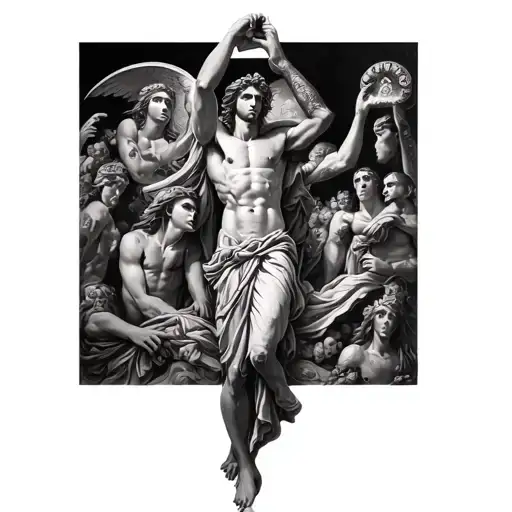 A full arm slee based on Greek mythology made up of lots of characters but includes daedalus falling up my wrist tattoo design idea