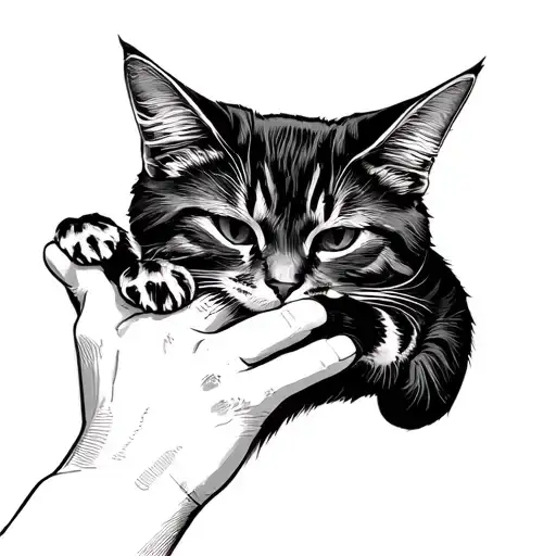 flat linework drawing of a human hand holding a cat's paw, minimalist tattoo design idea