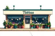 outside of 2 story tattoo shop with big windows and plants inside them tattoo design idea