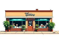 outside of 2 story tattoo shop with big windows and plants inside them tattoo design idea