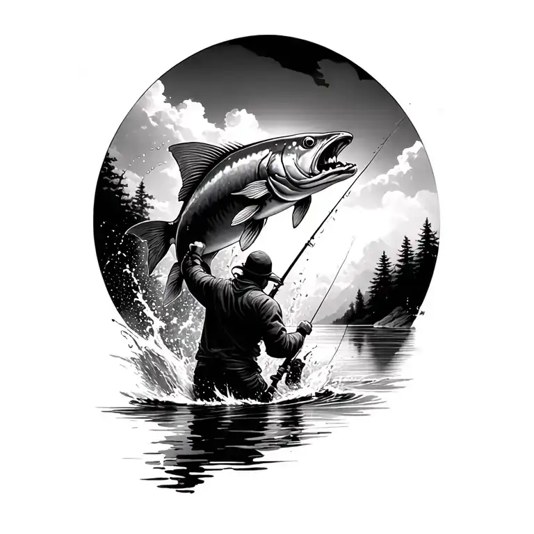 detailed black and gray scene of a person fishing, with a large fish leaping out of the water  the water in the back  tattoo design idea
