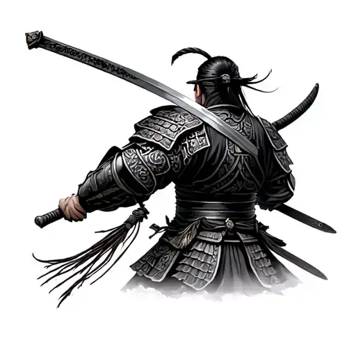 Samurai in armour looking behind holding a sword with tassels tattoo design idea
