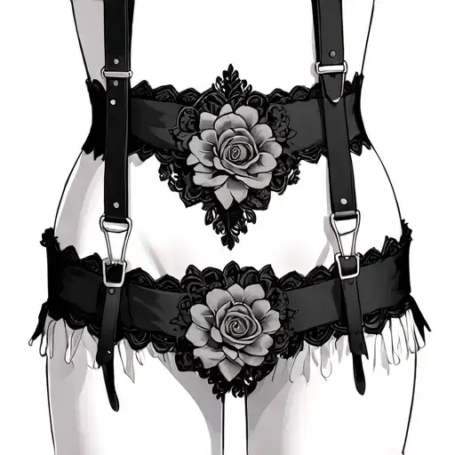 Garter waist belt dark florai with suspenders thigh highs tattoo design idea