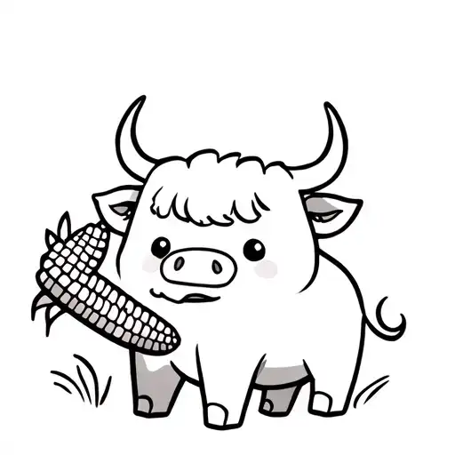 cute cartoon baby highland cow eating corn. upper body only tattoo design idea