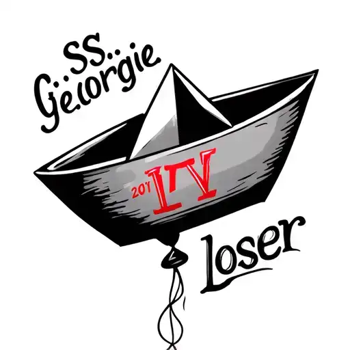 paper boat called s.s.georgie attached to a balloon with under it the word loser, but with a red V over the S, IT 2017 tattoo design idea