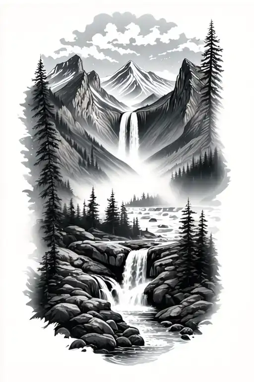 mountains and waterfall surrounded by lush greenery tattoo design idea