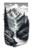 mountains and waterfall surrounded by lush greenery tattoo design idea