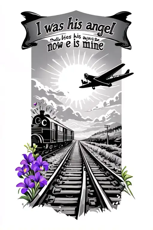 "I was his angel now he is mine" Grandad memory tattoo with a aeroplane, sunny background, violets and iris. walking on train tracks tattoo design idea