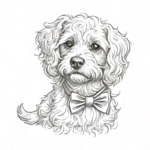 turn into cavoodle breed dog looking up the same position and side of face. with bowtie tattoo design idea