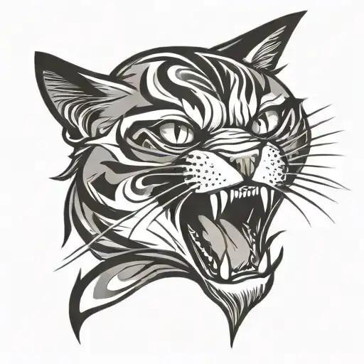 aggressive black and white domestic cat head in attack Tribal tattoo tattoo design idea