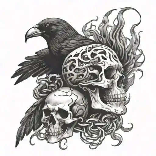 crow dove scorpion skull blood woman chains fire blood suffering happiness death life destruction planet tattoo design idea