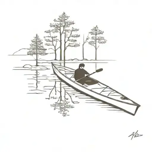 empty kayak, angles towards bottom left, on a calm lake surrounded by trees tattoo design idea