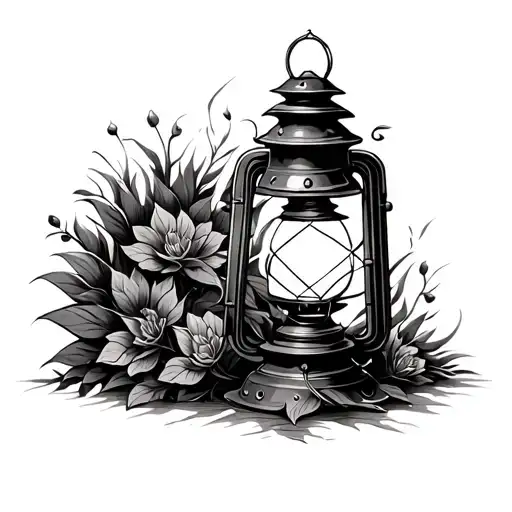 Ancient lantern placed on the floor black background tattoo design idea