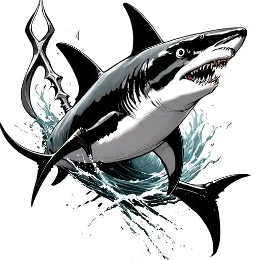 Thresher shark jumping, Trident de poseidon tattoo design idea