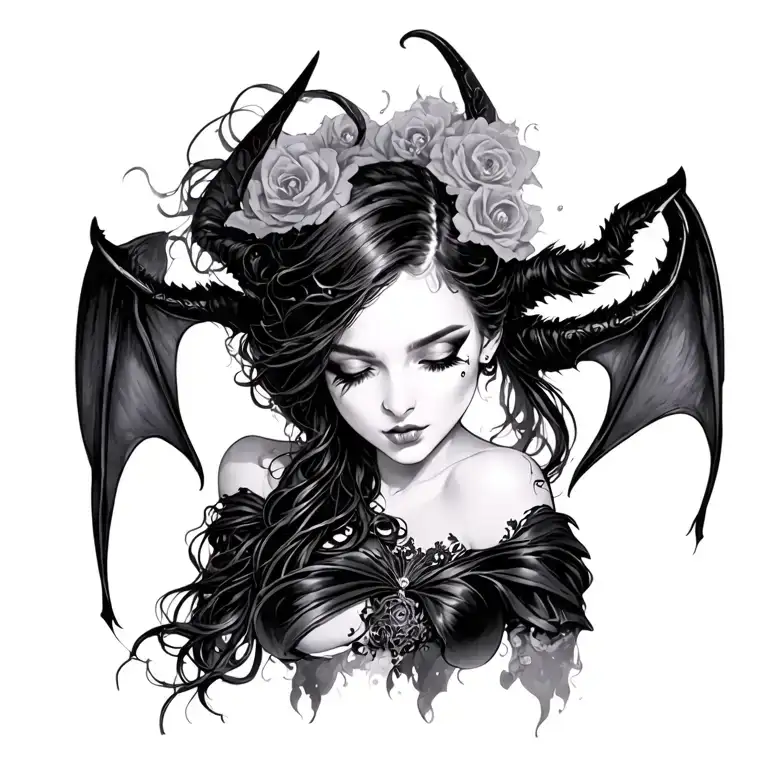 Gothic, Succubus, Big Boobs, Looking Down tattoo design idea