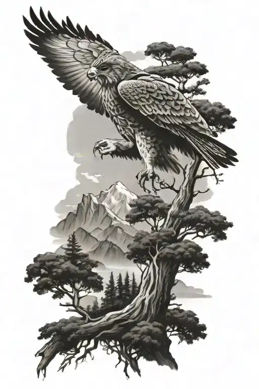 Hawk tree mountain scene tattoo design idea