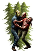 three characters from the wrong turn hiding behind trees, jason vorhees and freddy krueger fighting tattoo design idea