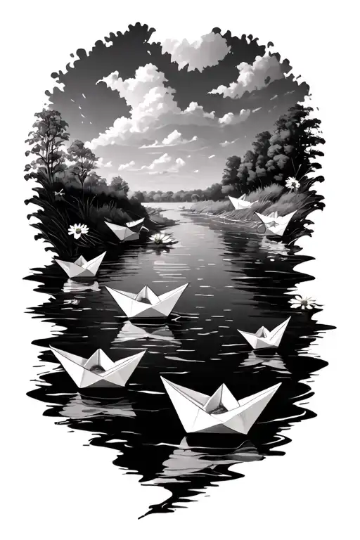 daisy chain river with paper boats floating on top in a race tattoo design idea