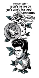 wolf, rose, dolphin, nickel with Elvis face saying "it only cost one nickel" rubber duck "don't let you ain't beautiful" tattoo design idea