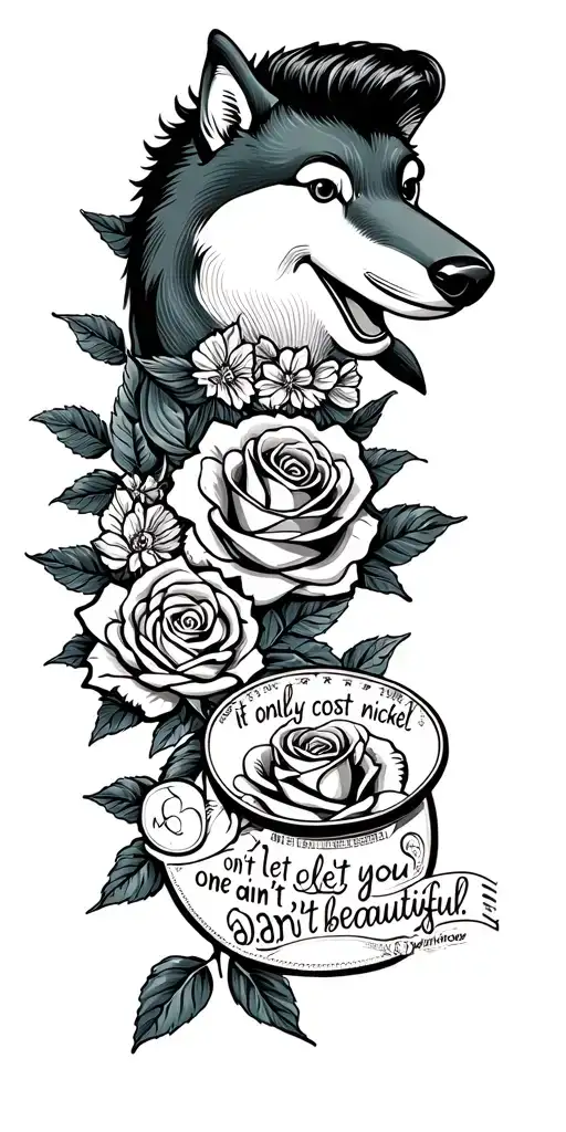 wolf, rose, dolphin, nickel with Elvis face saying "it only cost one nickel" rubber duck "don't let you ain't beautiful" tattoo design idea