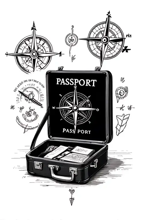 travel passport stamps suitcase compass rose tattoo design idea