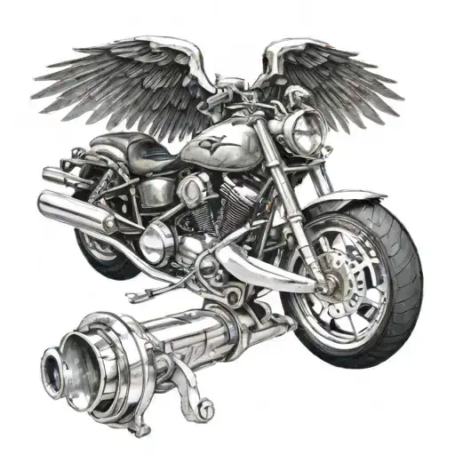 sport Motorcycle with wings and an x thats made out of a piston and a wrench under it tattoo design idea