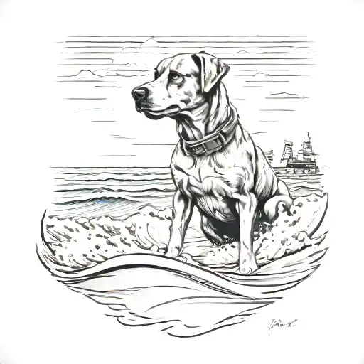 Create a beach-themed tattoo with a military twist, featuring a dog enjoying the sand and surf tattoo design idea
