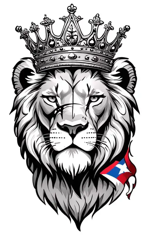 lion with scar on eye and a crown with puerto rican flag tattoo design idea