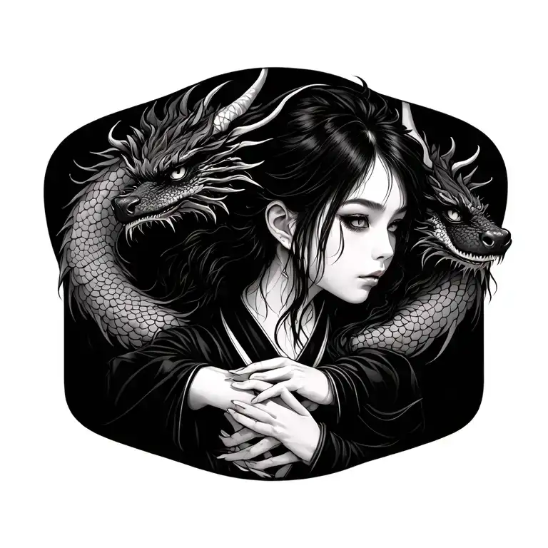 Black and white Japanese tattoo style illustration of a young woman her hands bound behind her, dragon tattoo design idea