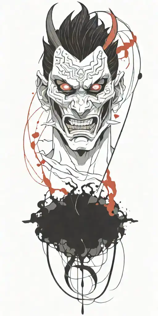 male anime character  oni mask fighting off inner demons with minimal black tattoo design idea