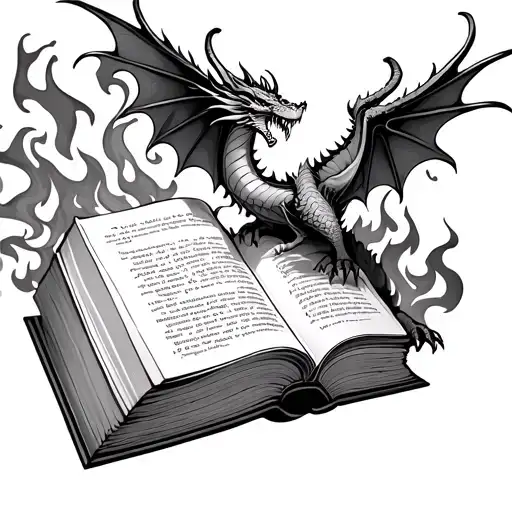 book open and dragon flying out partial wings made of flames tattoo design idea