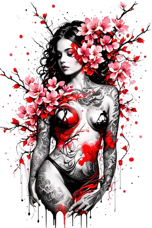 cherry blossom vine intertwined over woman sensual body tattoo design idea