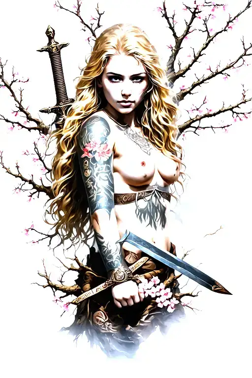 blonde woman tree warrior intertwined with cherry blossom branches holding sword attractive with body turning to roots  tattoo design idea