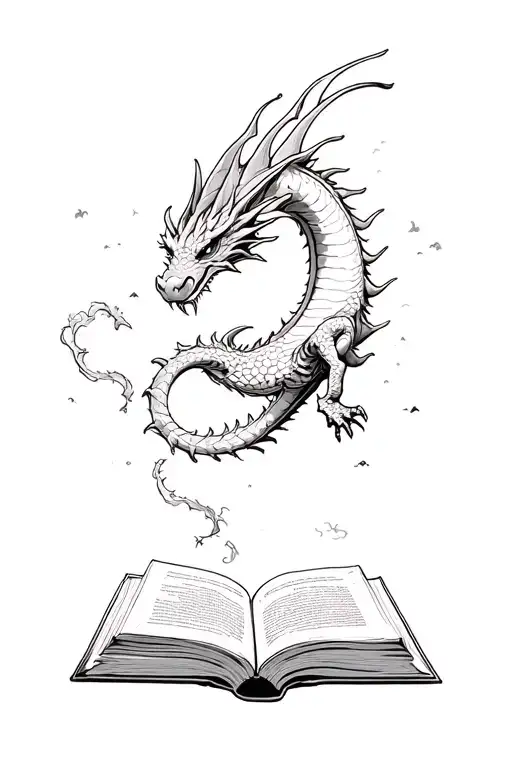 dragon flying out of open book, start, tripple moon tattoo design idea