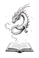 dragon flying out of open book, start, tripple moon tattoo design idea