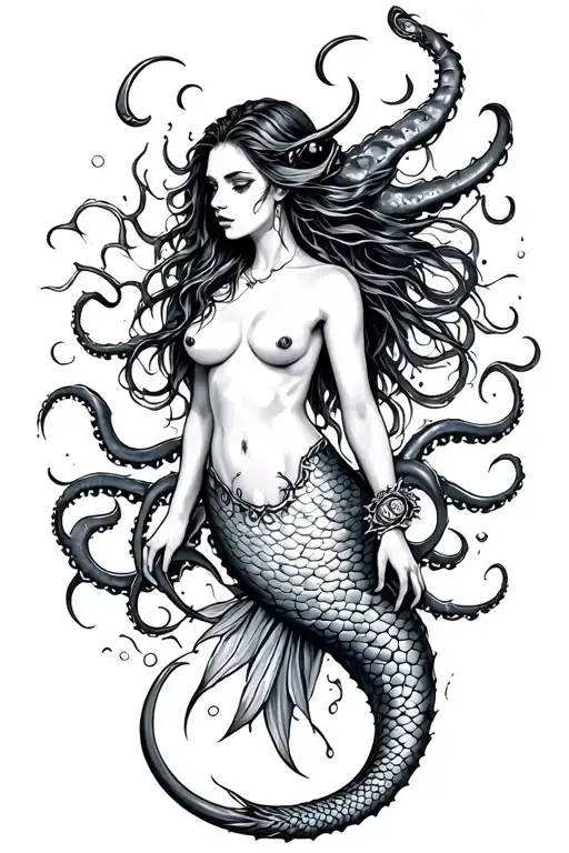 coastal, mermaids, kracken, siren evil beautiful tattoo design idea