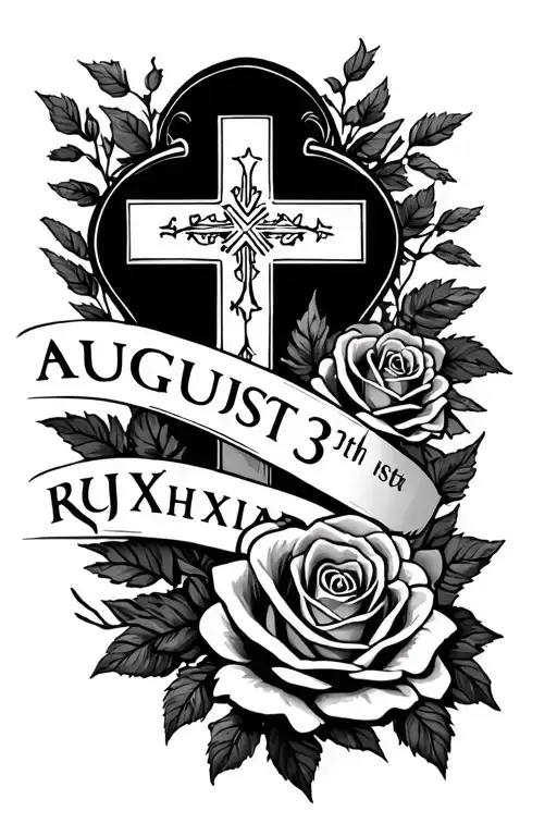 Create a forearm tattoo design stencil with a cross, roses, a birthday that says August 31st in Roman numerals tattoo design idea