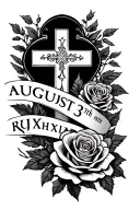 Create a forearm tattoo design stencil with a cross, roses, a birthday that says August 31st in Roman numerals tattoo design idea