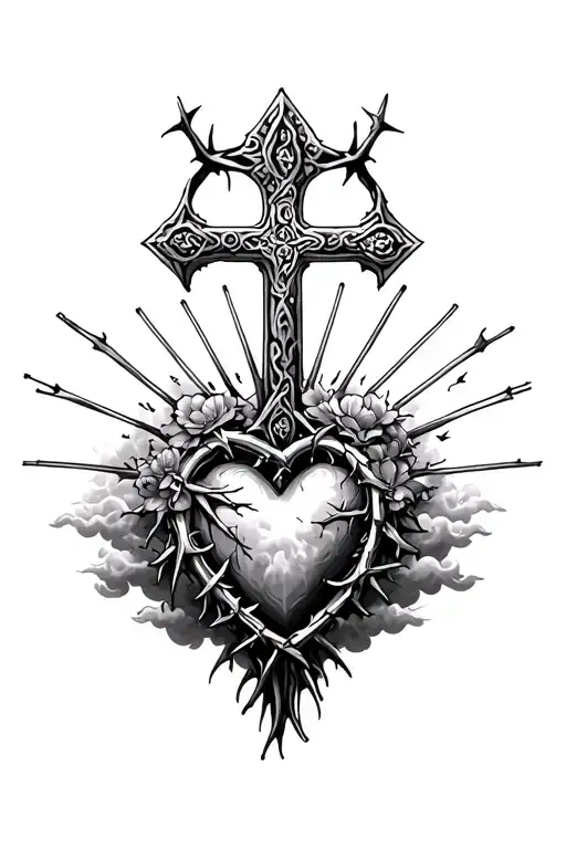 heart shape, clouds, rays, floral patterns, Norse cross, crown of thorns tattoo design idea