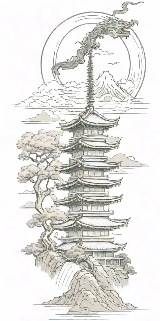 a pagoda with mount fuji on the background, a japanese dragon in the sky and some shinto shrines along the way tattoo design idea