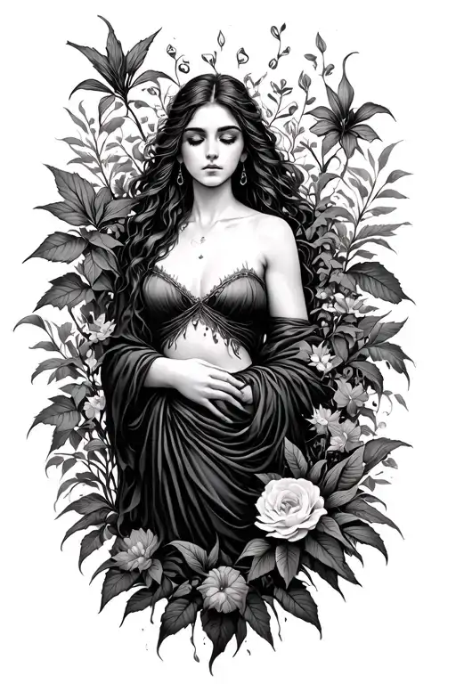 persephone surrounded by poisonous plants growing tattoo design idea